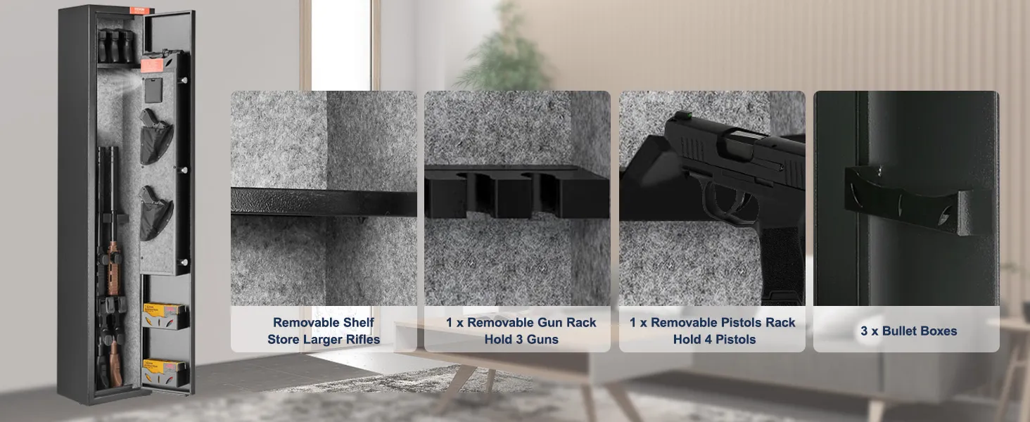 VEVOR gun safe with removable shelves, gun and pistols rack, and bullet boxes in a living room.