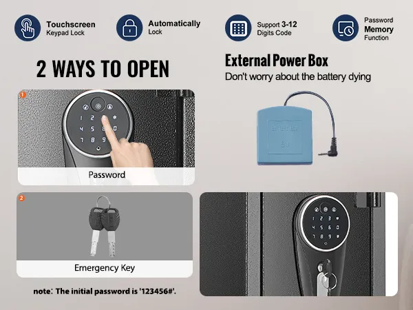 touchscreen keypad lock and emergency key for VEVOR gun safe with password memory function.