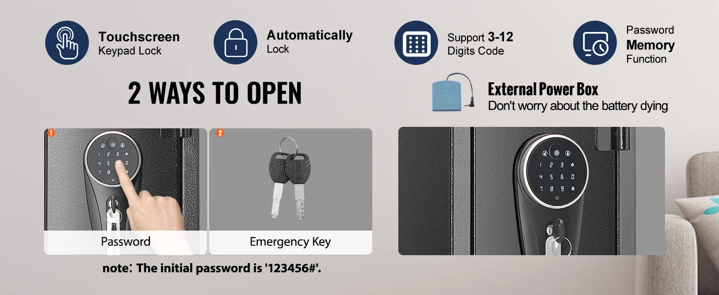 touchscreen keypad lock and emergency key for VEVOR gun safe with password memory function.