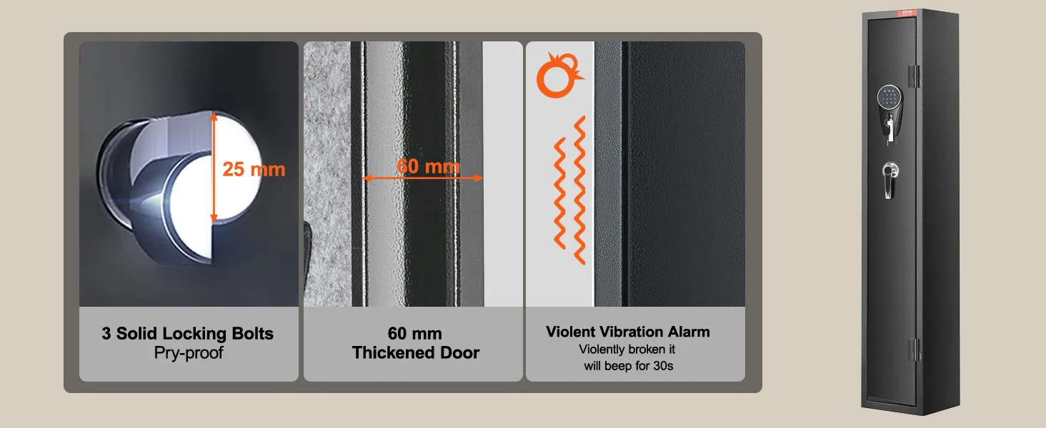 VEVOR gun safe with 60mm thick door, 25mm locking bolts, wrong access alarm, vibration alarm, silent mode.