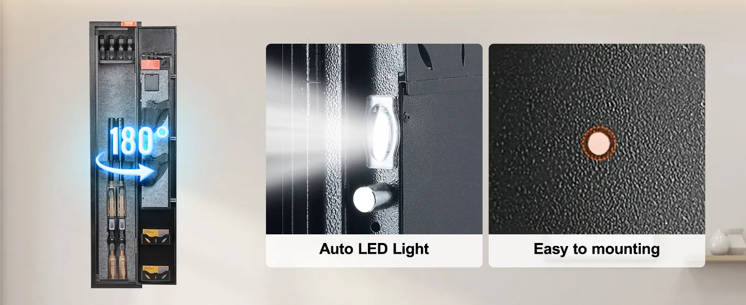 VEVOR gun safe with auto led light, easy mounting hole, and 180-degree door rotation.