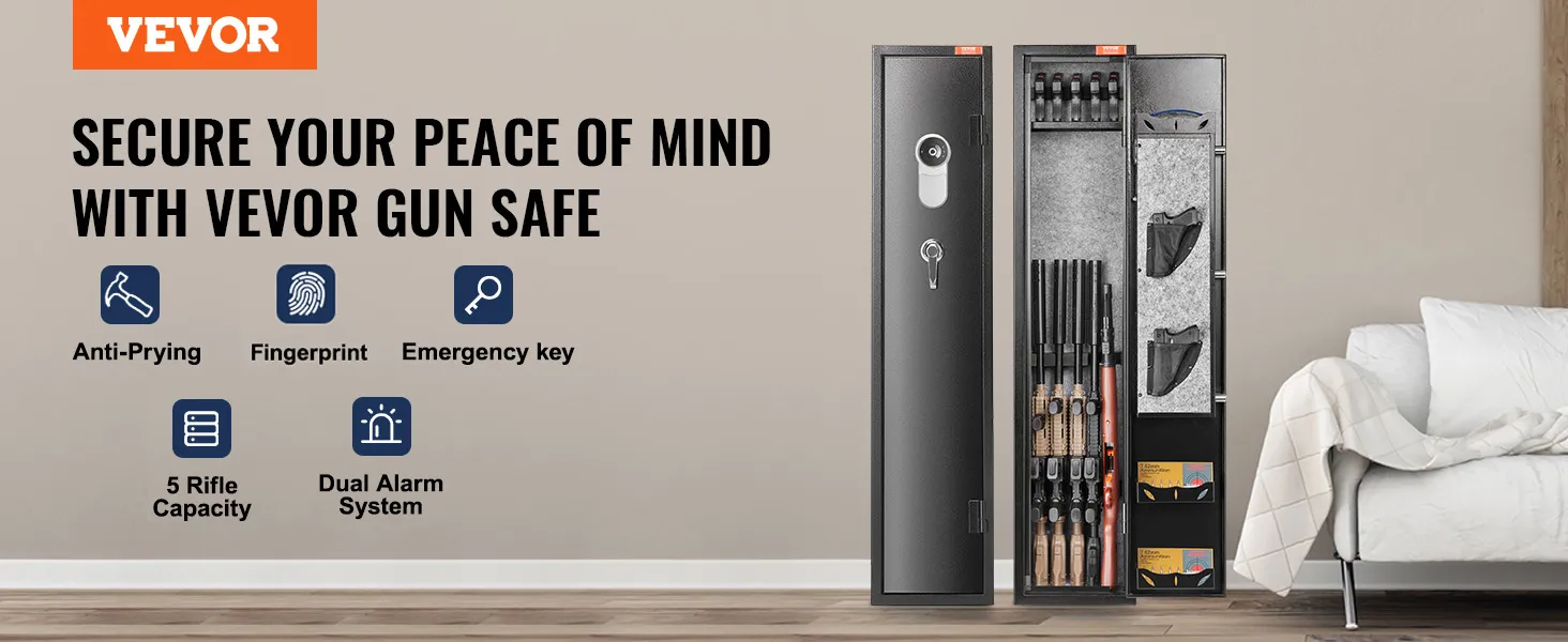 VEVOR wapenkluis met anti-inbraakbeveiliging, wachtwoordbeveiliging, noodsleutel, dubbel alarmsysteem, capaciteit voor 5 geweren.