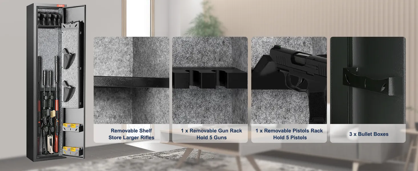 VEVOR wapenkluis met uitneembare plank voor geweren, wapenrek voor 5 geweren, pistoolrek en kogeldozen.