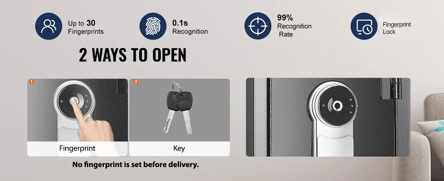 Tweezijdige vingerafdruk- en sleutelslot voor VEVOR-wapenkluis met 0,1s-herkenning en externe voedingskast.