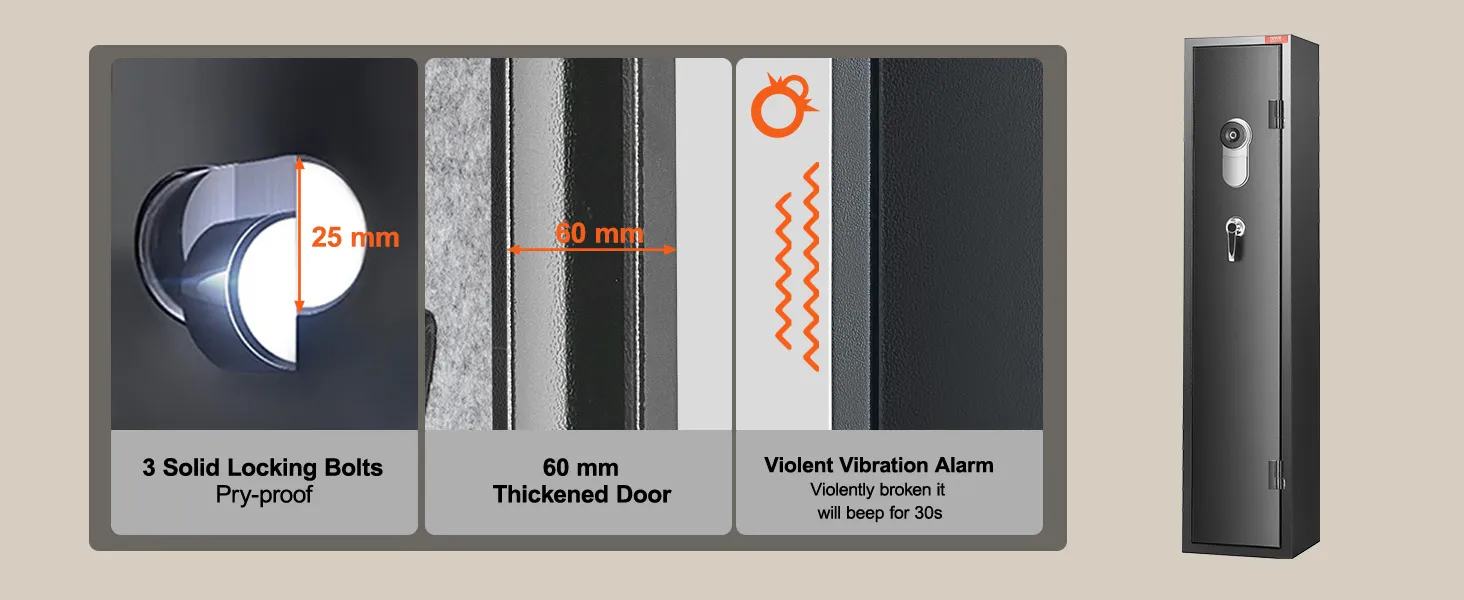 De VEVOR wapenkluis is voorzien van 3 stevige sluitbouten, een 60 mm dikke deur, een trilalarm en een stille modus.