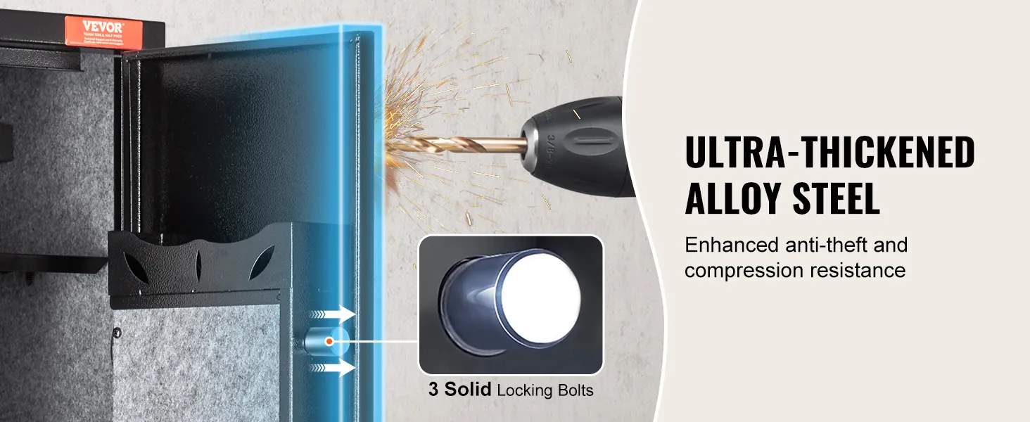 VEVOR wapenkluis met 180° deurrotatie, automatische led-verlichting en eenvoudige montagefuncties.