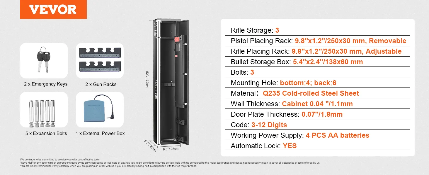 VEVOR gun safe with rifle storage, adjustable pistol rack, expansion bolts, external power box, and keys.
