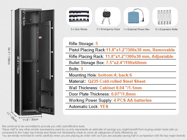 VEVOR gun safe features q235 steel, holds 5 rifles, has removable racks, an automatic lock, and keys included.