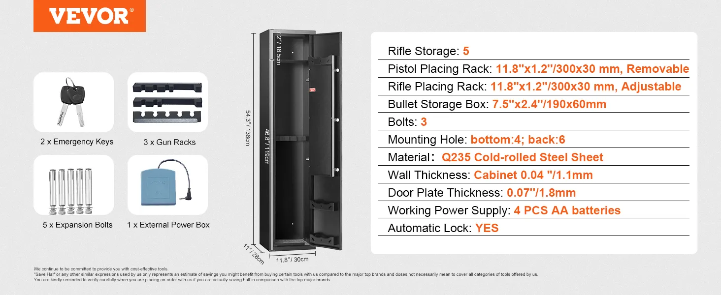 VEVOR gun safe features q235 steel, holds 5 rifles, has removable racks, an automatic lock, and keys included.