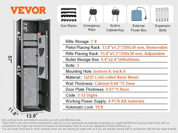 VEVOR gun safe with 7-8 rifle storage, adjustable racks, emergency keys, and automatic lock feature.
