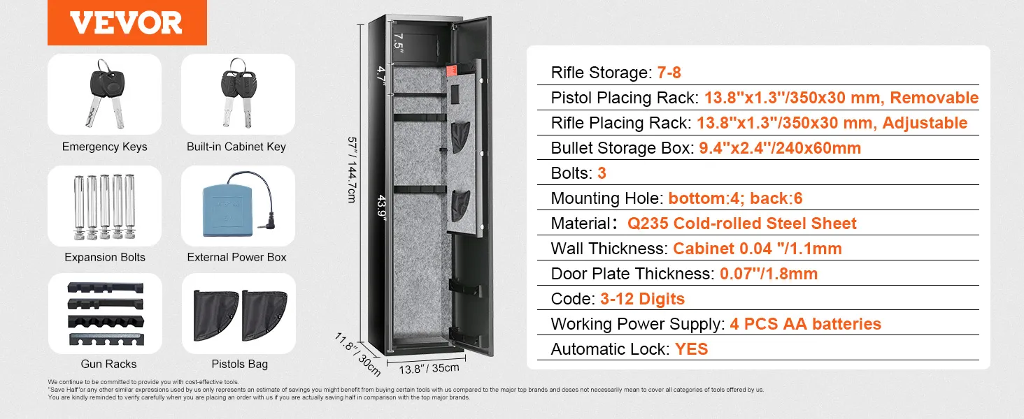 VEVOR gun safe with 7-8 rifle storage, adjustable racks, emergency keys, and automatic lock feature.