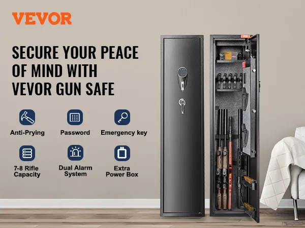 VEVOR gun safe with anti-prying, fingerprint, password, and emergency key features, holds 6-7 rifles.