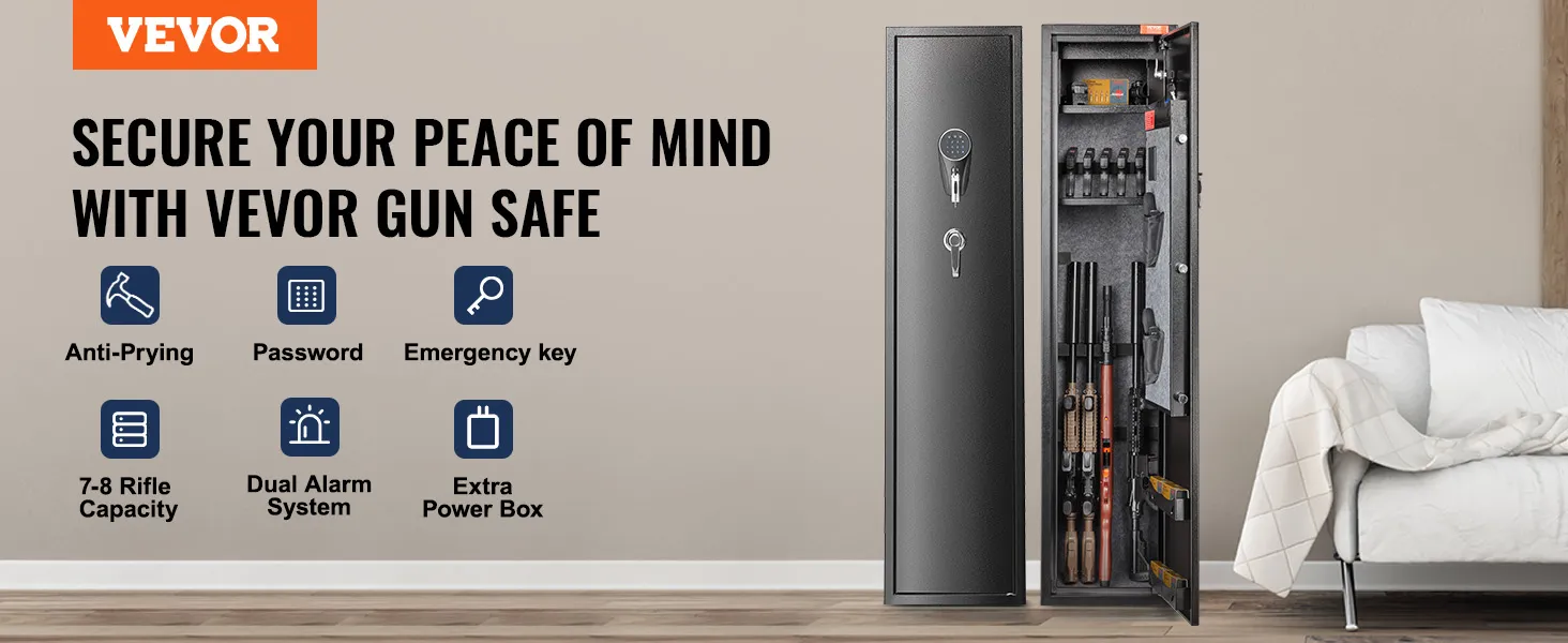 VEVOR gun safe with anti-prying, fingerprint, password, and emergency key features, holds 6-7 rifles.
