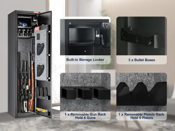 VEVOR gun safe with built-in storage locker, removable racks for guns and pistols, and bullet boxes.