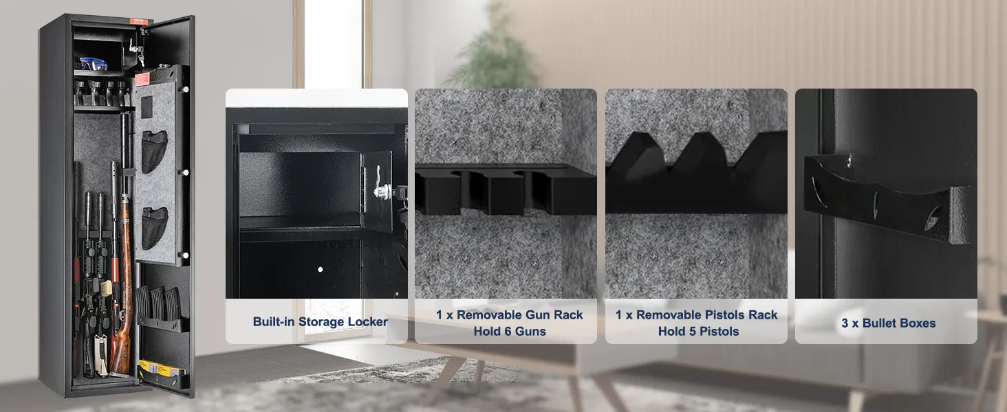 VEVOR gun safe with built-in storage locker, removable racks for guns and pistols, and bullet boxes.