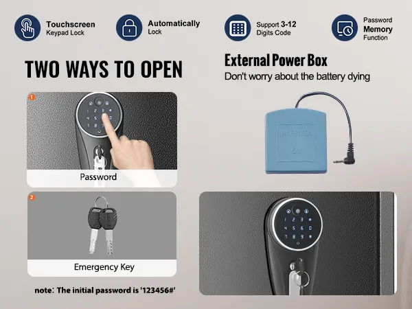 VEVOR gun safe with fingerprint, password, and key access, supports up to 30 fingerprints, external power box.