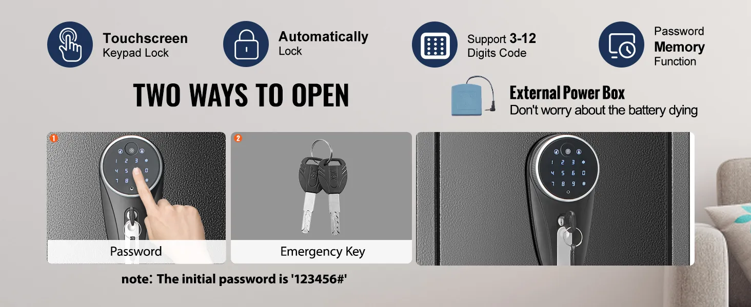 VEVOR gun safe with fingerprint, password, and key access, supports up to 30 fingerprints, external power box.
