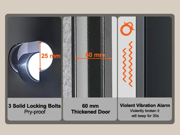 VEVOR gun safe with 60 mm thickened door, 3 solid locking bolts, alarms, and optional silent mode.