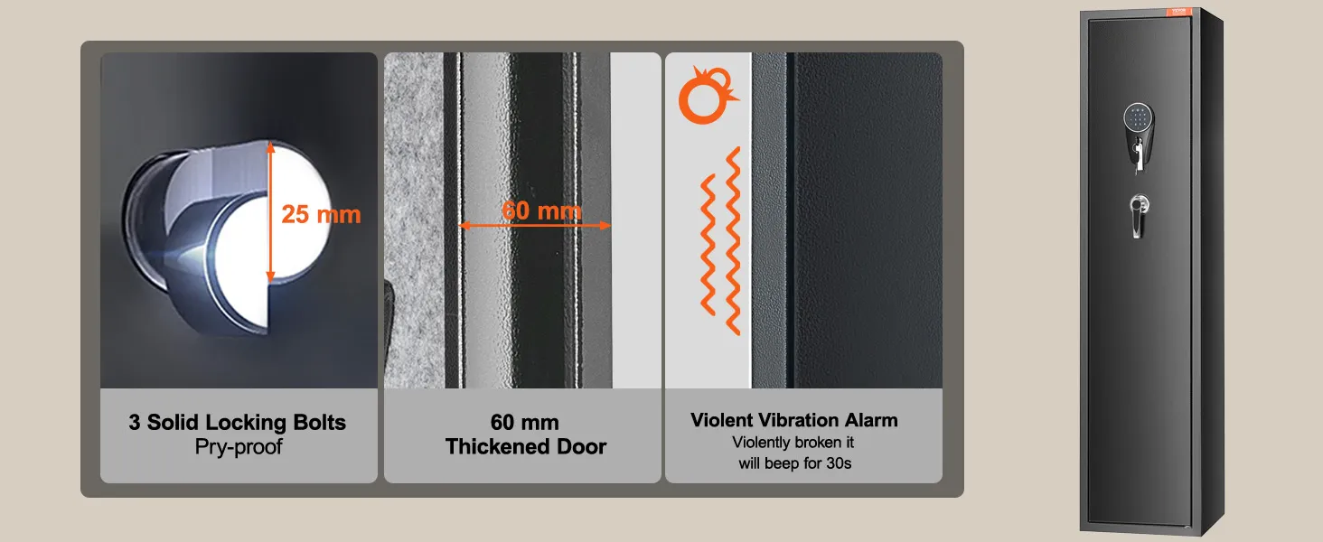 VEVOR gun safe with 60 mm thickened door, 3 solid locking bolts, alarms, and optional silent mode.