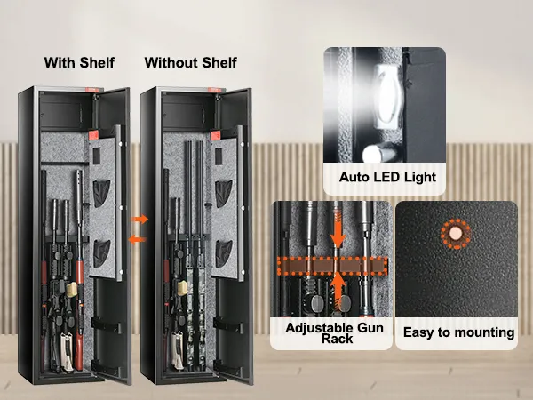 VEVOR gun safe with adjustable gun rack, auto led light, optional shelf, and easy mounting.