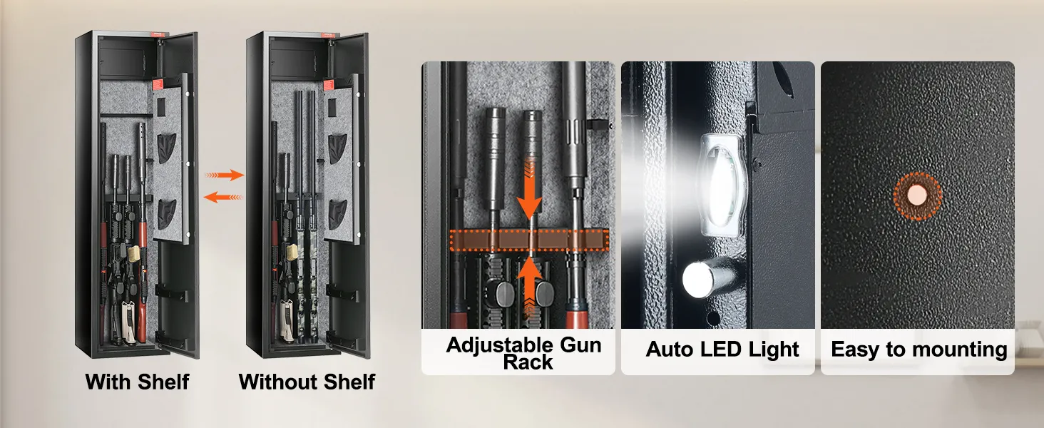 VEVOR gun safe with adjustable gun rack, auto led light, optional shelf, and easy mounting.