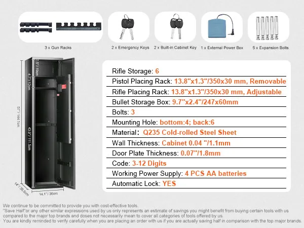 VEVOR gun safe with 6 rifle storage, 3-12 digit code lock, emergency keys, adjustable pistol and rifle racks.