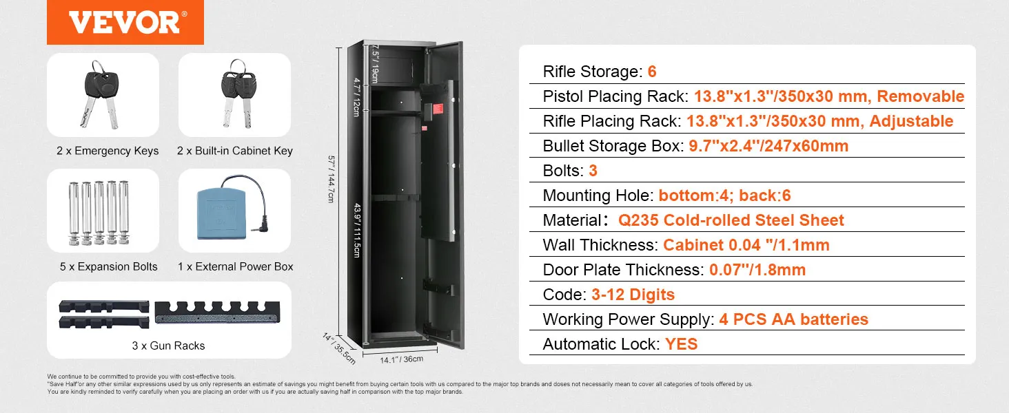 VEVOR gun safe with 6 rifle storage, 3-12 digit code lock, emergency keys, adjustable pistol and rifle racks.
