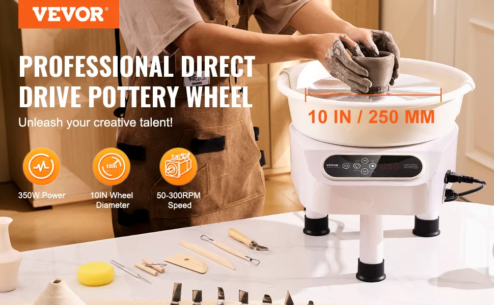 VEVOR pottery wheel with 10in diameter, 350w power, 50-300rpm speed, and hands shaping clay.