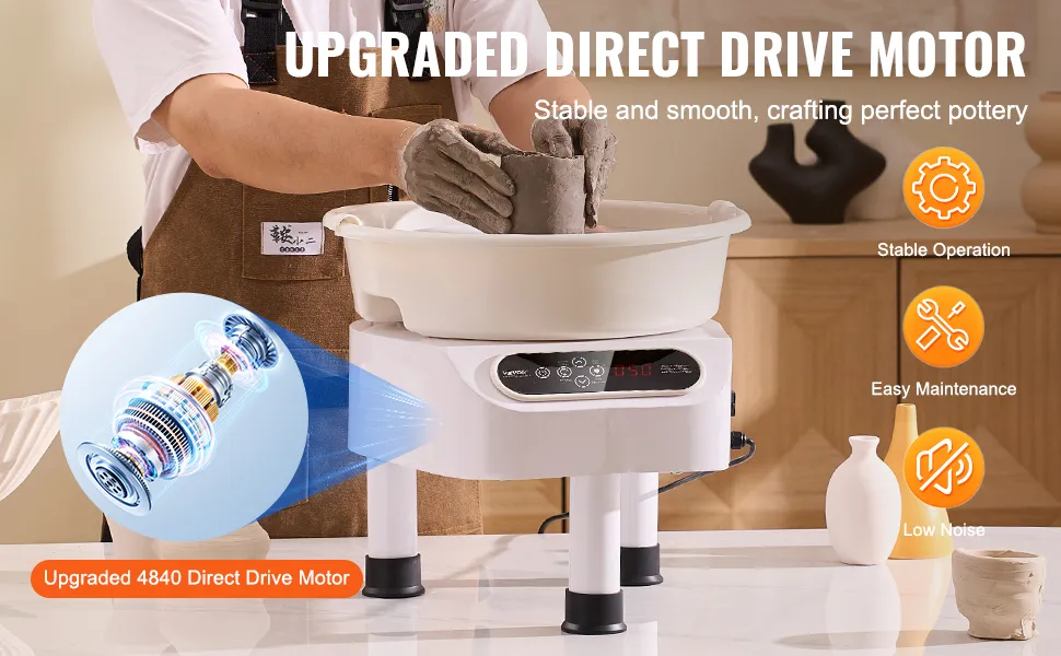 VEVOR pottery wheel with upgraded 4840 direct drive motor for stable operation, easy maintenance, and low noise.