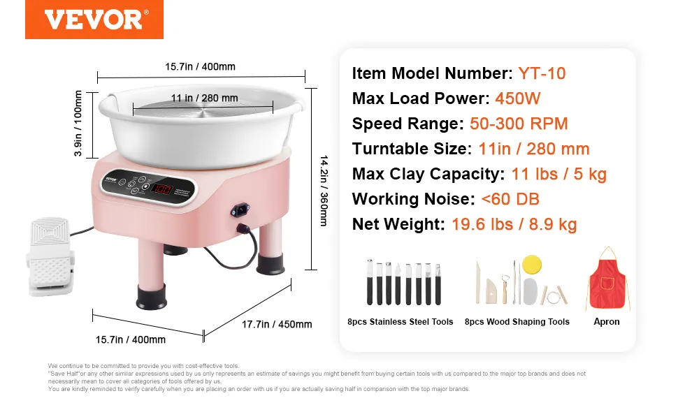 Tornio per ceramica VEVOR YT-10 con potenza di 450 W, piatto girevole da 11 pollici e accessori tra cui utensili per modellare e grembiule.