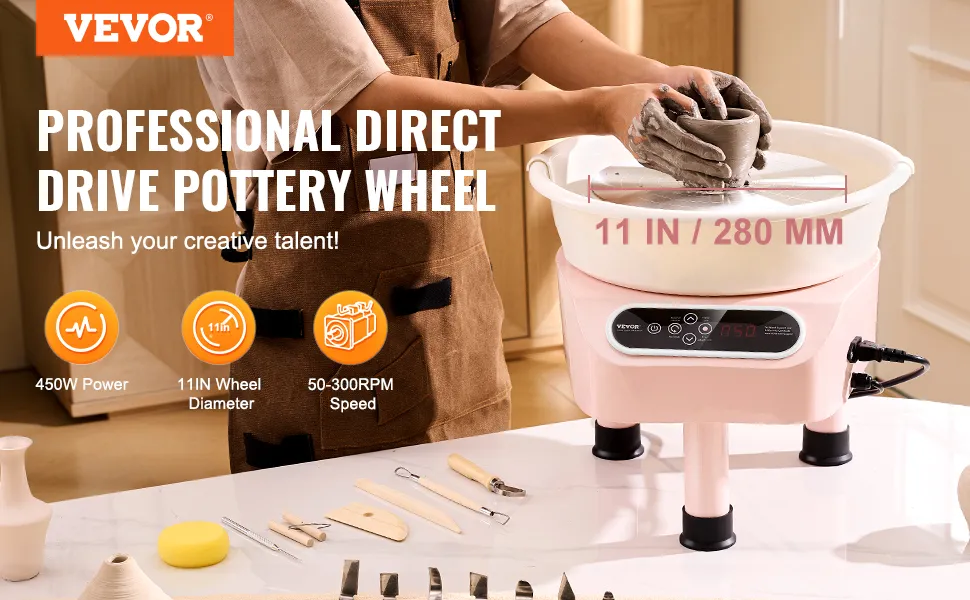 Tornio per ceramica VEVOR con diametro di 11 pollici, potenza di 450 W e velocità regolabile, che mette in mostra gli utensili per la ceramica.
