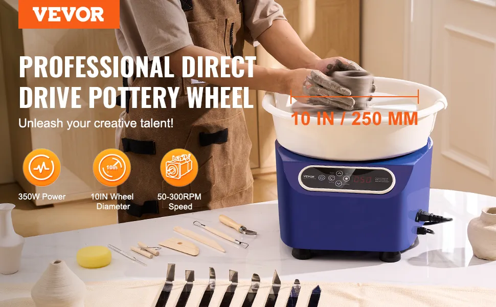 VEVOR pottery wheel with 350w power, 10-inch diameter, and variable speed. pottery tools on table.