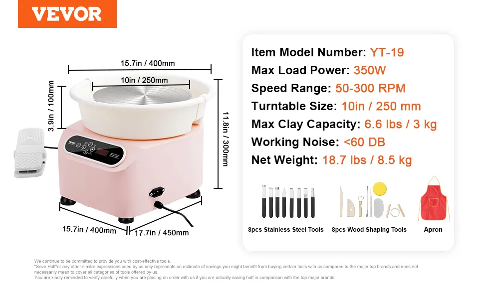 VEVOR pottery wheel yt-19 with 350w power, 50-300 rpm, and 10in turntable, includes tools and apron.