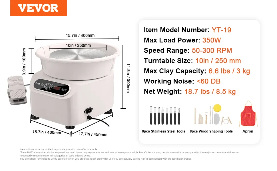 VEVOR pottery wheel yt-19 with 10in turntable, 350w power, 8.5kg weight, and included shaping tools.