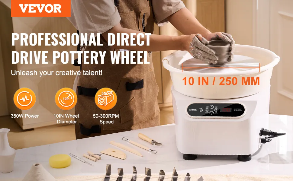 VEVOR pottery wheel with 350w power, 10-inch diameter, 50-300rpm speed, and tools laid out.