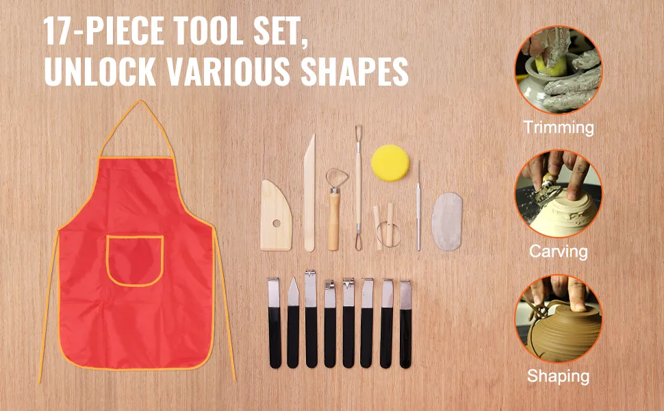 17-piece pottery tool set with apron and various tools for trimming, carving, and shaping clay.