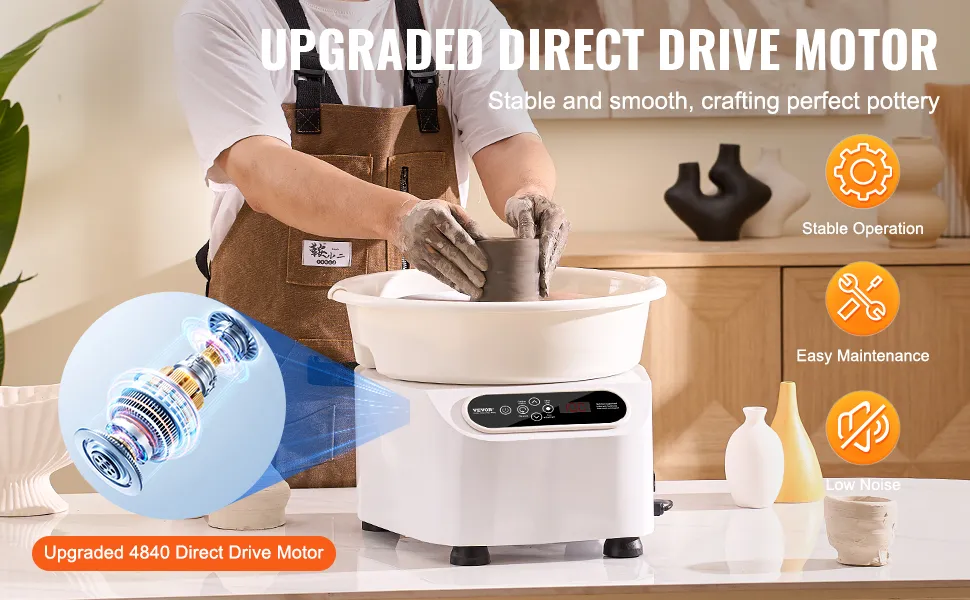 man using VEVOR pottery wheel with upgraded direct drive motor, showcasing stability, easy maintenance, and low noise.