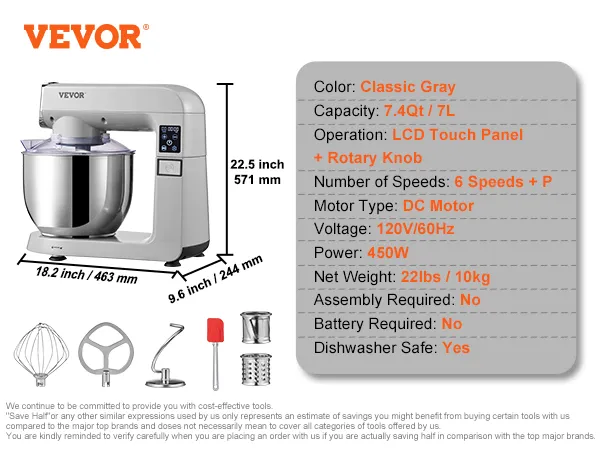 VEVOR stand mixer in classic gray, 7.4qt capacity, lcd touch panel, six speeds, 450w, dishwasher safe.