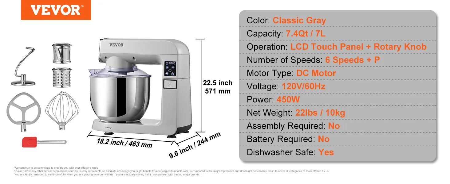 VEVOR stand mixer in classic gray, 7.4qt capacity, lcd touch panel, six speeds, 450w, dishwasher safe.