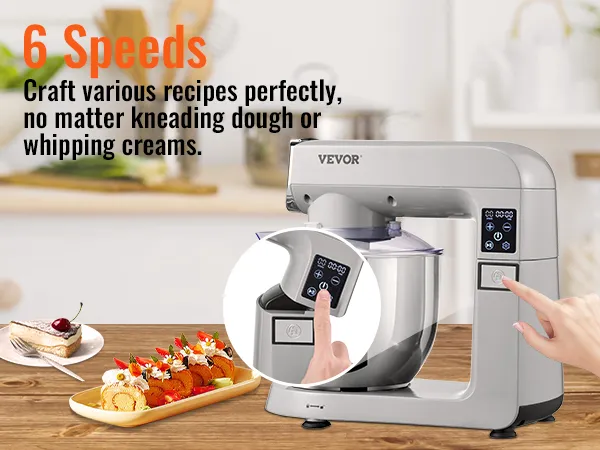 VEVOR stand mixer with 6 speeds dial and finger pressing, pizza, cake, and dessert in the foreground