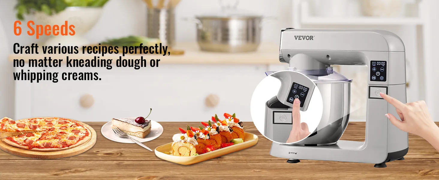 VEVOR stand mixer with 6 speeds dial and finger pressing, pizza, cake, and dessert in the foreground