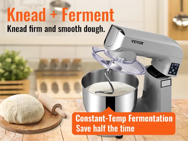 VEVOR stand mixer with dough, eggs, flour, and constant-temp fermentation, ideal for smooth dough kneading.