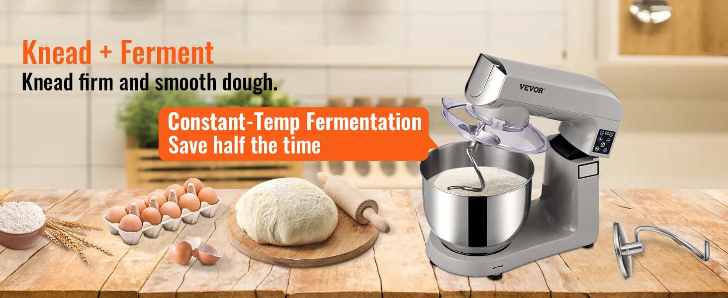 VEVOR stand mixer with dough, eggs, flour, and constant-temp fermentation, ideal for smooth dough kneading.