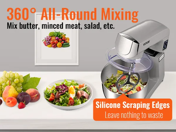 VEVOR stand mixer with silicone scraping edges, surrounded by fresh fruits and vegetables.
