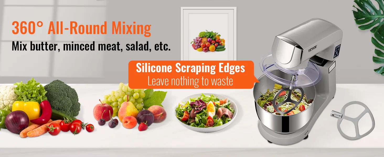 VEVOR stand mixer with silicone scraping edges, surrounded by fresh fruits and vegetables.