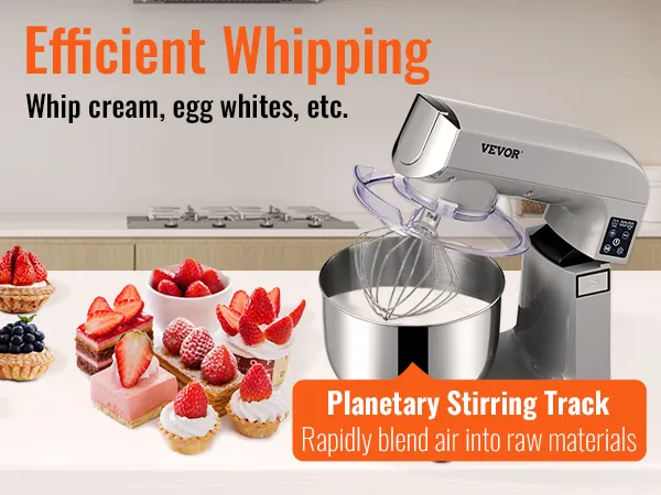 VEVOR stand mixer on kitchen countertop whipping cream, surrounded by various desserts and butter.