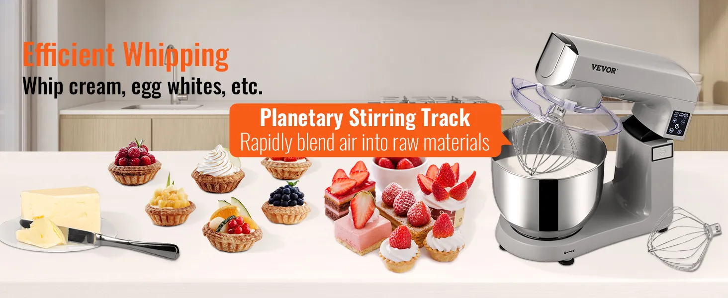 VEVOR stand mixer on kitchen countertop whipping cream, surrounded by various desserts and butter.