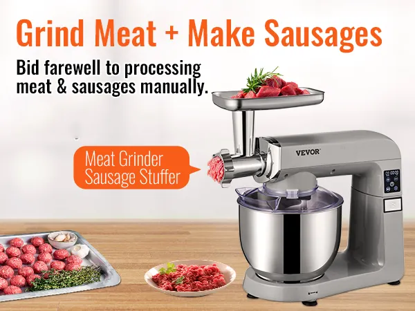 VEVOR stand mixer grinding meat, making sausages, with a tray of meatballs and burger patties on a table.