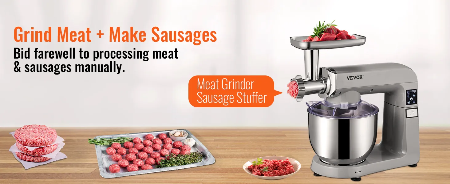 VEVOR stand mixer grinding meat, making sausages, with a tray of meatballs and burger patties on a table.