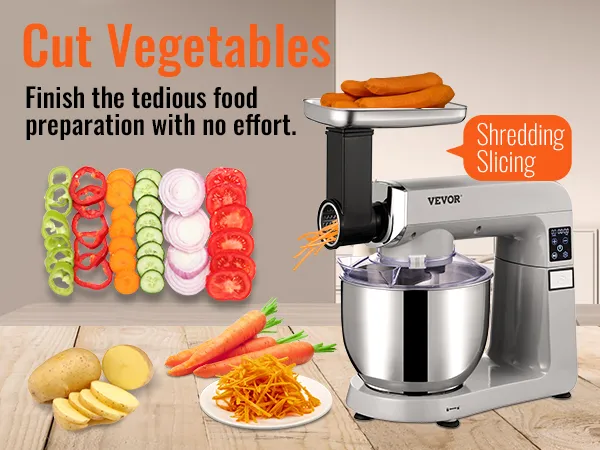 VEVOR stand mixer slicing vegetables, shredding carrots, and showcasing sliced tomatoes, onions, and peppers.